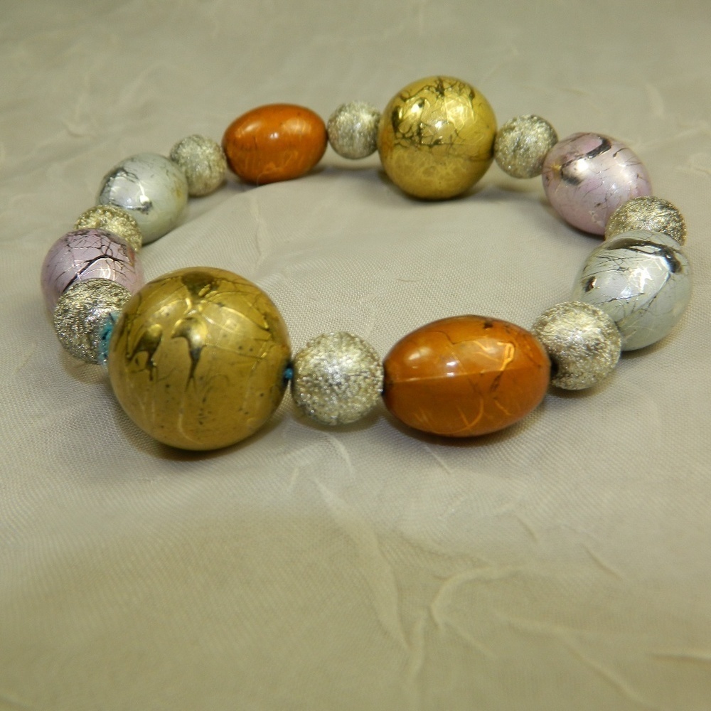 Bracelet Gold Pink Orange Silver Bead stretch